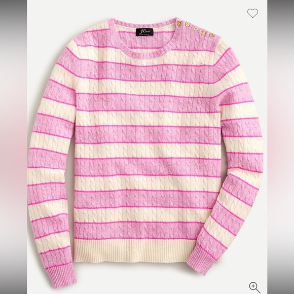 J. Crew Sweaters - J.Crew Cable-knit Cashmere Crewneck Sweater Pink White Stripe Shoulder Buttons M